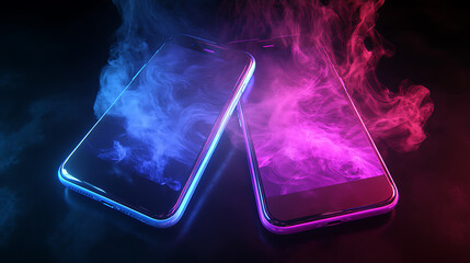 Poster - 3d glowing smoke effect on two phones in pink and blue, dark background