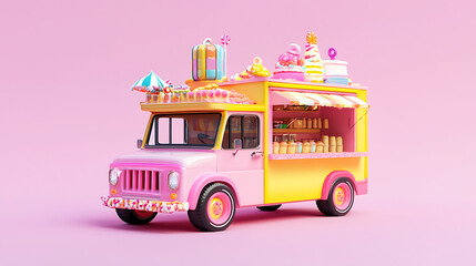 Aufkleber - 3d render, fantasy colorful food truck of candyland on pink background