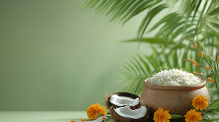 Aufkleber - 3d of pongali rice in mud pot with coconut, marigold flowers, banana leaves, sugarcane and copy space on light green background