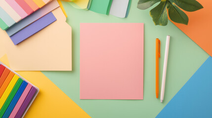 Aufkleber - Colorful stationery and paper on vibrant workspace with plant