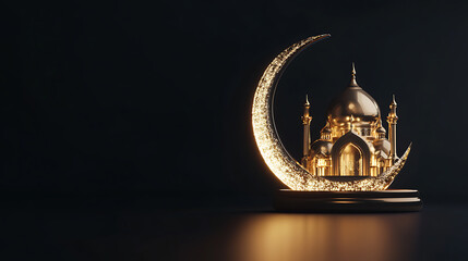 Aufkleber - 3d render of exquisite crescent moon with shiny mosque and copy space, islamic religious concept