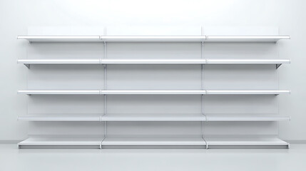 Poster - An image of blank supermarket shelves in a white, clean style, set against a light background, concept of empty retail space