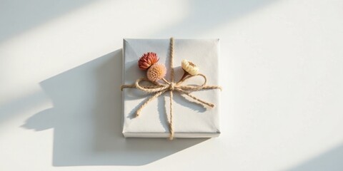 Poster - A delicately wrapped present adorned with dried flowers, bathed in soft sunlight