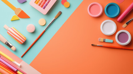 Aufkleber - Colorful art supplies arranged on vibrant background, including brushes, paints, and sponges, creating creative atmosphere