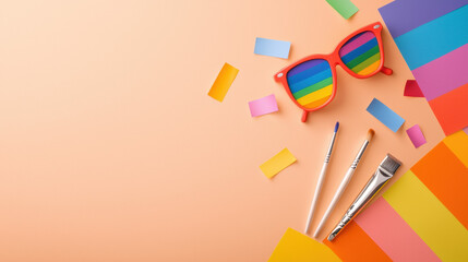 Aufkleber - Colorful sunglasses with rainbow stripes, art supplies, and vibrant paper