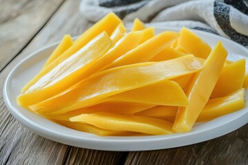 Poster - Sliced yellow pickled bamboo shoots on a white dish