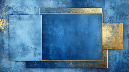 Wall Mural - Blue rough abstract grunge background with painted squares and gold border