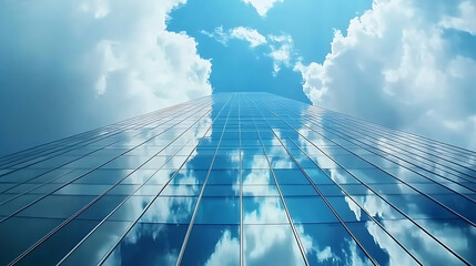 Aufkleber - Bottom view of a modern glass skyscraper, glass office building, the glass windows reflect the blue sky and the clouds