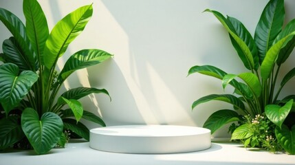 Aufkleber - White Circular Display Platform Flanked by Lush Green Foliage in Soft Sunlight