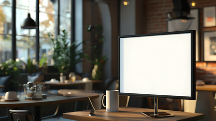 Poster - Digital display screen in warm cafe interior, modern advertising mockup, marketing concept