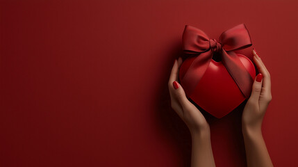 Flat lay on a plain red background, delicate hands with manicured nails painted a glossy red holding a vibrant red heart-shaped box topped with a silky red bow: Shadows softly fall