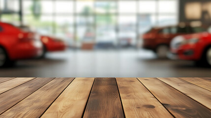 Wall Mural - Empty wood table top with cars in showroom blurred defocused background