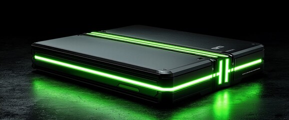 Poster - Futuristic metallic box with green neon lights.