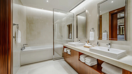 Wall Mural - Front view on bright bathroom interior with bathtub, shower