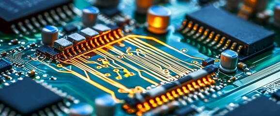 Poster - Close-up of a circuit board's intricate design, showcasing its complex electronic components and pathways.