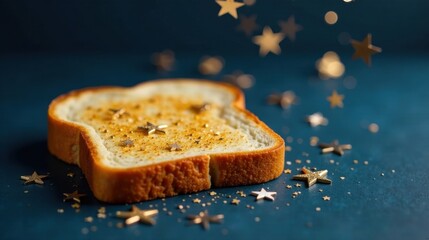 Poster - A slice of toasted bread sprinkled with golden stars and glitter on a dark blue background.