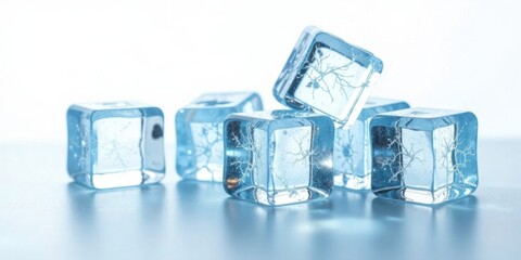 Aufkleber - Crystalline Ice Cubes with Internal Branching Patterns on a Reflective Surface