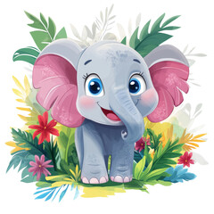 Poster - A digitally illustrated cute baby elephant stands happily in a vibrant tropical garden setting surrounded by lush foliage and colorful flowers.