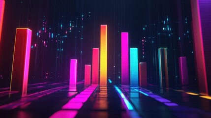 Poster - A D bar chart rising upward, symbolizing financial growth, with glowing bars in various colors representing different business metrics on a dark, futuristic background.