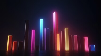 Poster - A D bar chart rising upward, symbolizing financial growth, with glowing bars in various colors representing different business metrics on a dark, futuristic background.