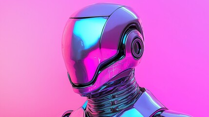Poster - Futuristic chrome robot head, vibrant pink and blue lighting.