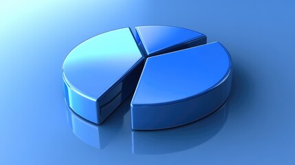 Poster - A D pie chart in blue tones, floating on a reflective surface with clean, minimal lighting, symbolizing data visualization in a modern, abstract style.
