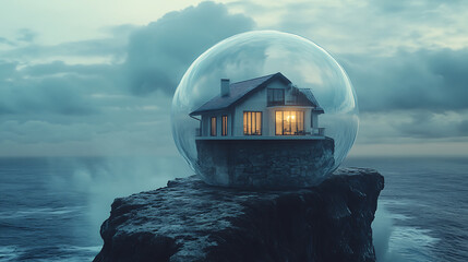 Poster - house covered transparent bubble to protect it from rain and storm, concept of home insurance