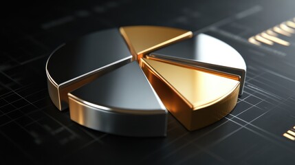 Poster - A D pie chart in gold and silver tones, representing different financial assets and investments, rotating slowly on a sleek, dark background.