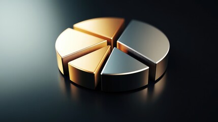 Poster - A D pie chart in gold and silver tones, representing different financial assets and investments, rotating slowly on a sleek, dark background.