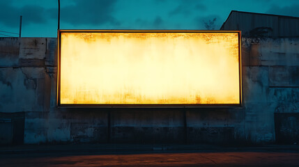 Poster - Illuminated blank billboard on a rustic wall at dusk, urban advertising and design concept