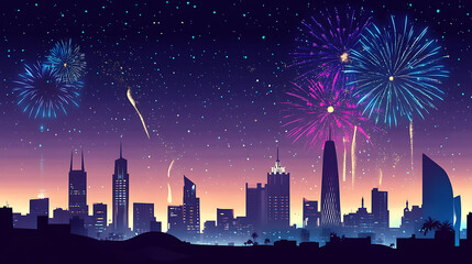 Aufkleber - Illustration of fireworks in the night sky over a skyline of modern buildings in saudi arabia for founding day