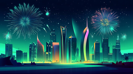 Aufkleber - Illustration representing saudi arabia founding day celebration with city skyline and fireworks