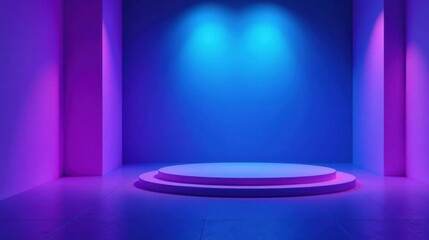 Poster - Abstract Circular Platform with Vibrant Neon Lighting and Purple Walls