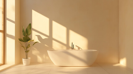 Wall Mural - Light bathroom interior with bathtub and douche, mockup empty wall