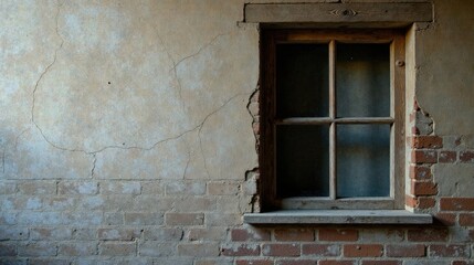 Aufkleber - Rustic Weathered Brick Wall with Aged Wooden Window Frame and Cracked Plaster