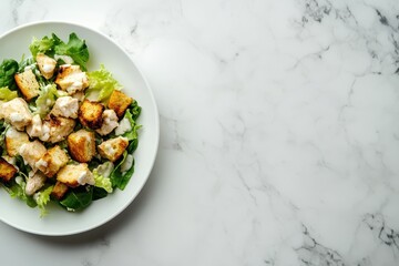 Poster - Top down image of a homemade chicken Caesar salad with grilled croutons on a marble table with blank space