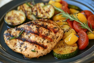 Wall Mural - Top down view of grilled chicken and summer veggies on a plate