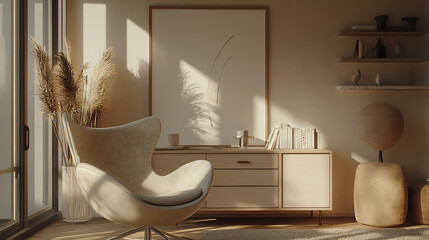 Wall Mural - Light lounge room interior with chair and decoration, drawer and mockup frame