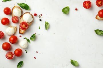 Poster - Top view of a classic Italian antipasto bruschetta featuring tomatoes mozzarella and basil against a light backdrop Flat lay with space for text