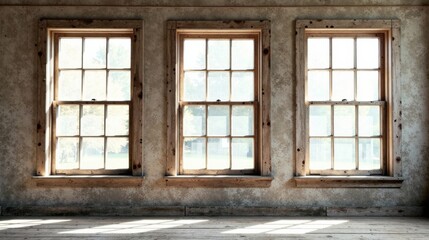 Poster - Three Vintage Windows in a Rustic Room with Sunlight Streaming Through