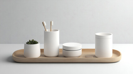 Poster - Minimalist white bathroom accessories on a light wooden tray, purity and simplicity concept