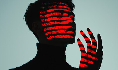 Poster - Silhouette of Person with Red Digital Projection Against Blue Background