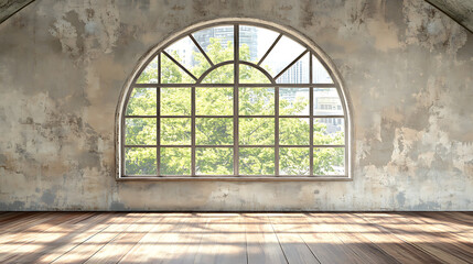 Poster - Modern arched window interior with distressed wall and hardwood floor, urban architecture