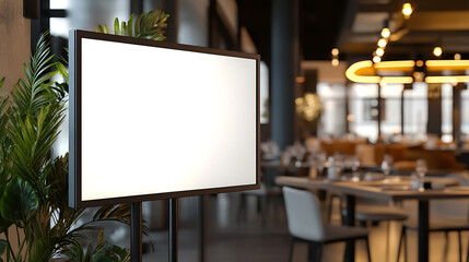 Aufkleber - Modern blank screen kiosk in bright restaurant interior, digital marketing and design concept