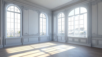 Poster - modern empty room interior, molding design and panoramic window on city view