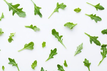 Wall Mural - Top view of fresh arugula leaves on white background