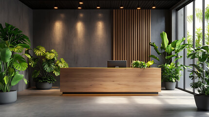 Poster - Modern office reception with wooden desk and indoor plants, interior design and workspace concept