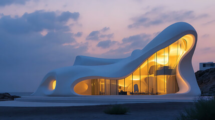 Aufkleber - Modern white architecture with glowing interior against twilight sky, contemporary design concept