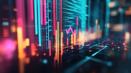 Poster - A close-up of a D financial bar chart, with arrows pointing upward, representing positive market trends and investment performance in a modern business setting.