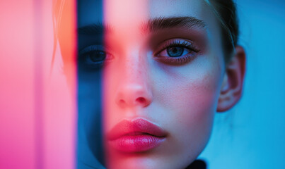 Poster - Vibrant Neon Portrait with Pink and Blue Color Scheme